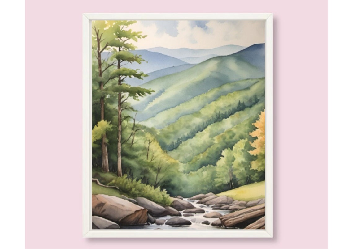 Appalachian Misty Green Mountain Valley Stream Watercolor Poster - Image 6