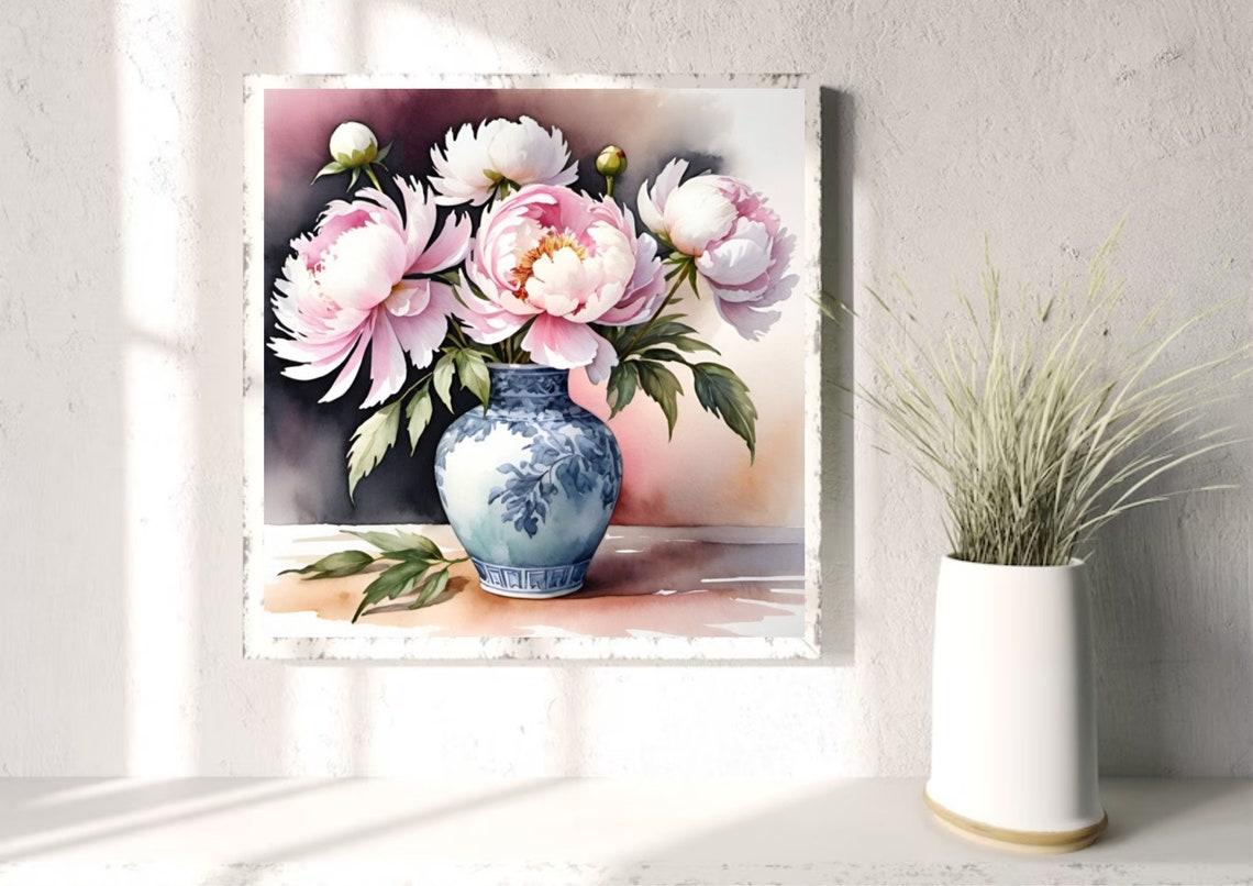 Peony Painting Pink Peonies In Blue Vase Watercolor Art Print Floral Still Life Wall Art Pink Flowers Still Life Art Botanical Poster - Image 5