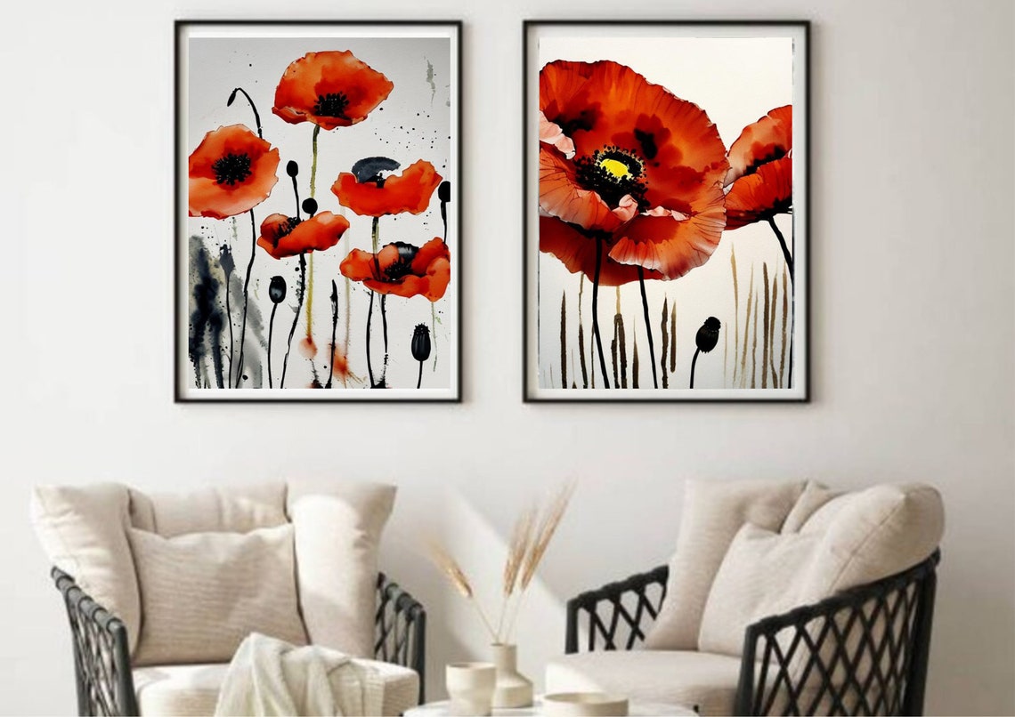Red Poppies Watercolor With Tall Black Ink Stems and Buds Poster - Image 2