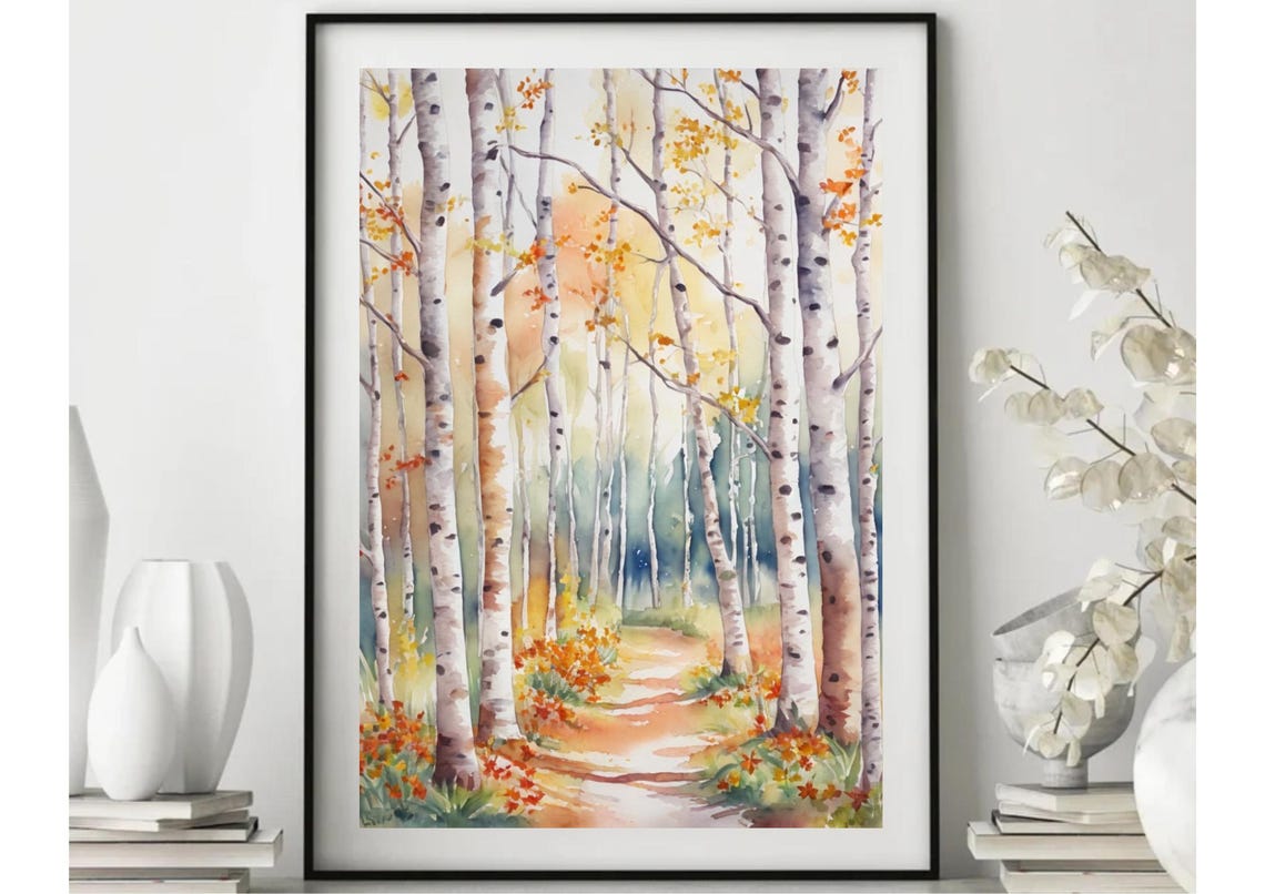 Autumn Birch Forest Path Watercolor Fall Aspen Trail Landscape Poster - Image 4