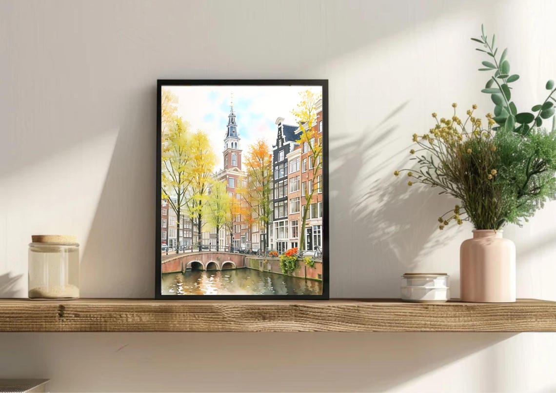Amsterdam Autumn Canal Church Tower Watercolor Fall Travel Art Poster - Image 6