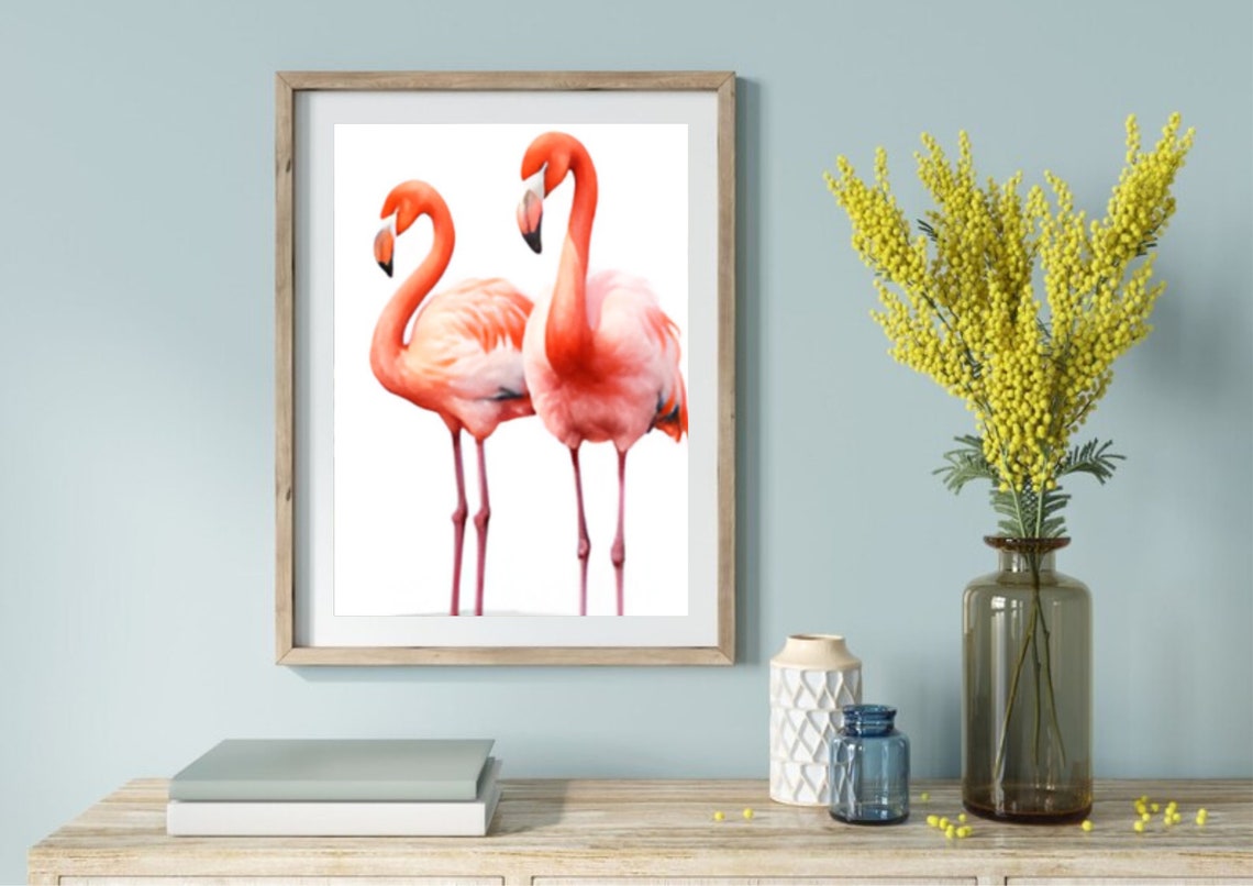 Two Pink Flamingos Watercolor Bird Art Poster Soft White Background - Image 5