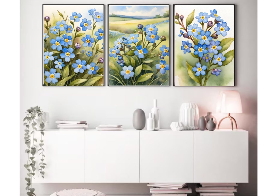 Blue Forget Me Nots Blooming In A Sunny Meadow Watercolor Poster - Image 4