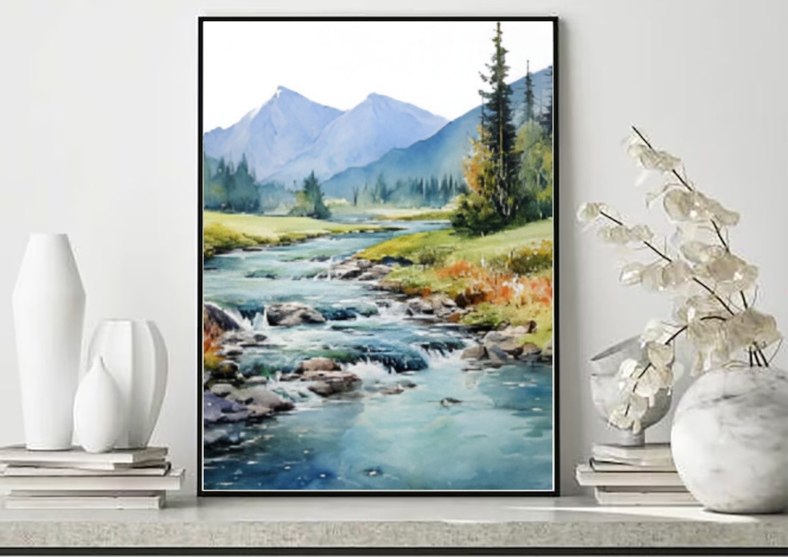 Rocky Mountain River Rushing Through Pine Forest Watercolor Poster - Image 4