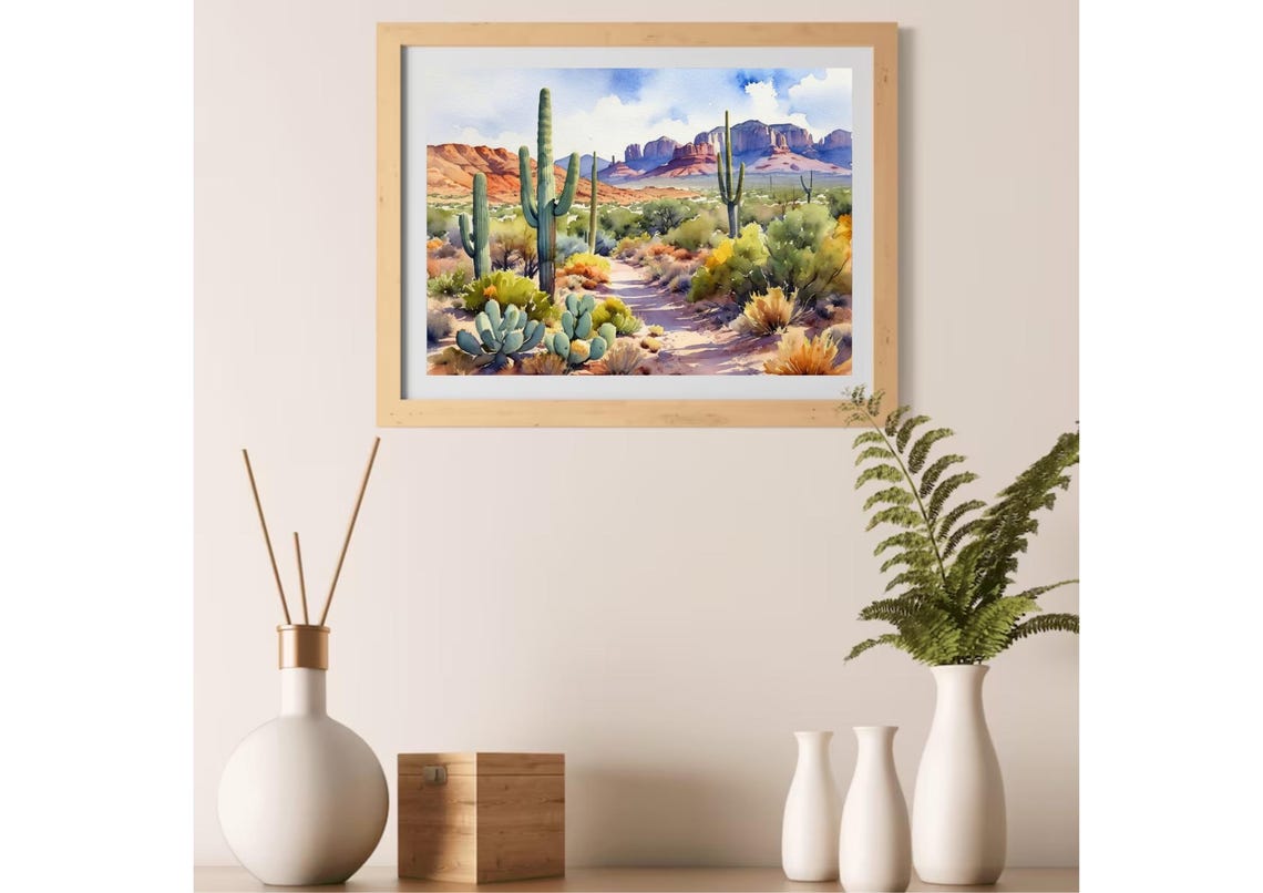Arizona Landscape Painting Sedona Watercolor Art Print Desert Way And Plants Wall Art Cacti Art Arizona Mountain Poster Travel Gifts - Image 3