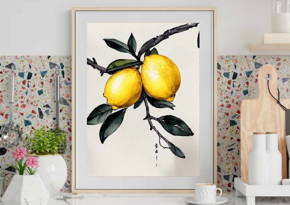 Two Bright Lemons On Ink Branch Watercolor Botanical Art Print - Image 5