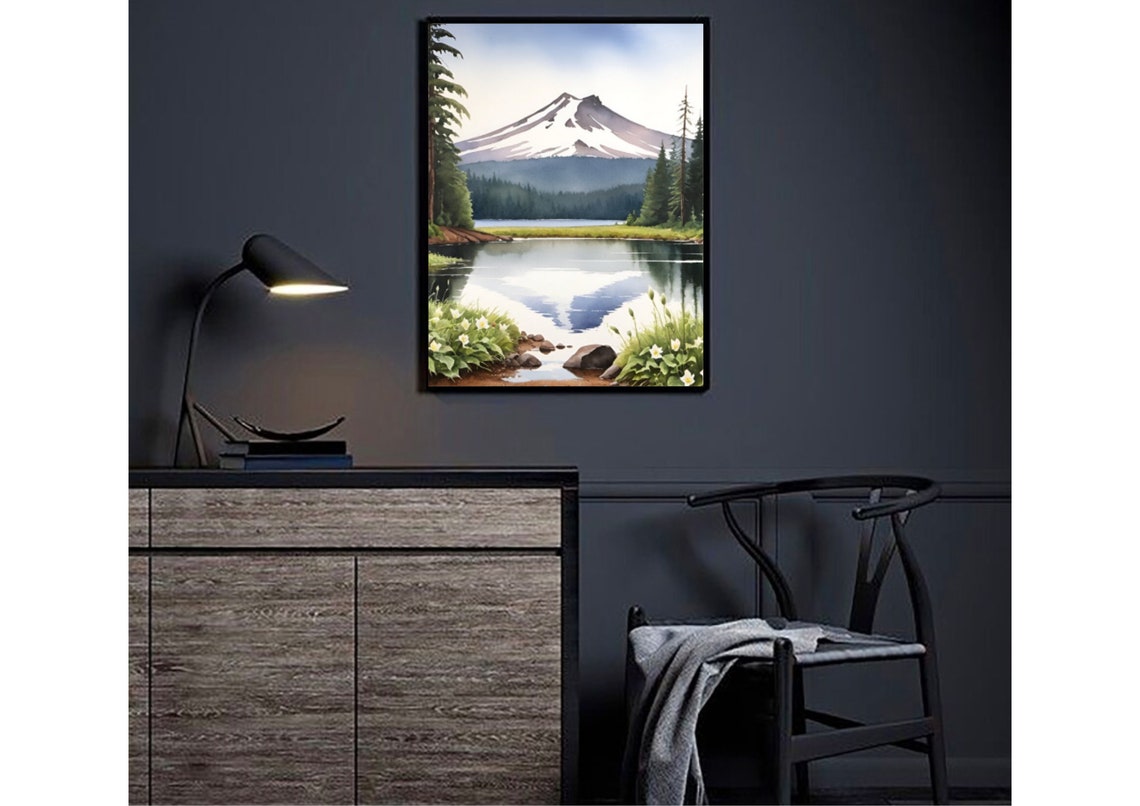 Trillium Lake Painting Mt Hood National Forest Watercolor Art Print Oregon Landscape Wall Art Mountain Lake Pine Trees And Wildflowers Print - Image 4
