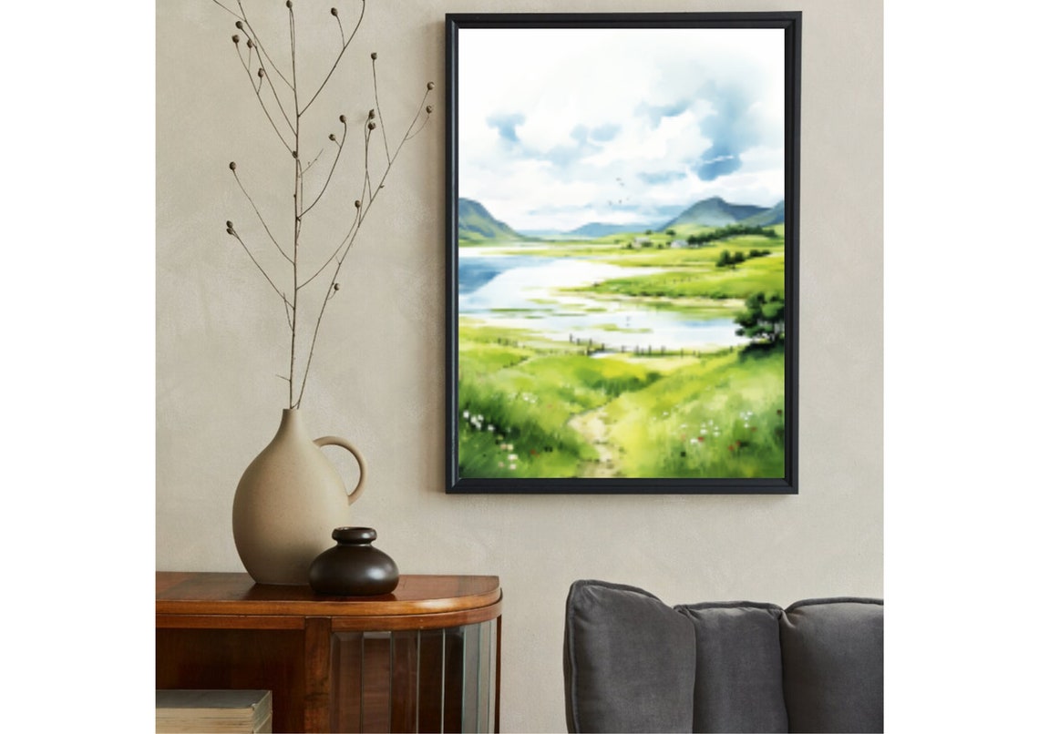 Sunlit Green Meadow River And Hills Watercolor Landscape Wall Art - Image 5