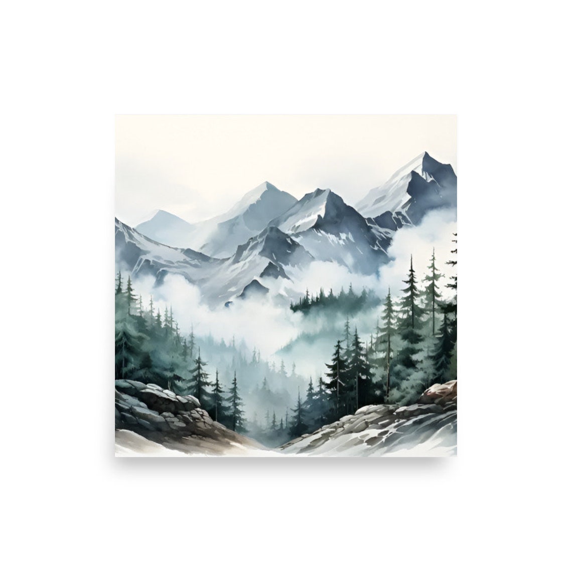 Misty Mountain Peaks Pine Valley Foggy Gray Watercolor Panorama Poster - Image 2