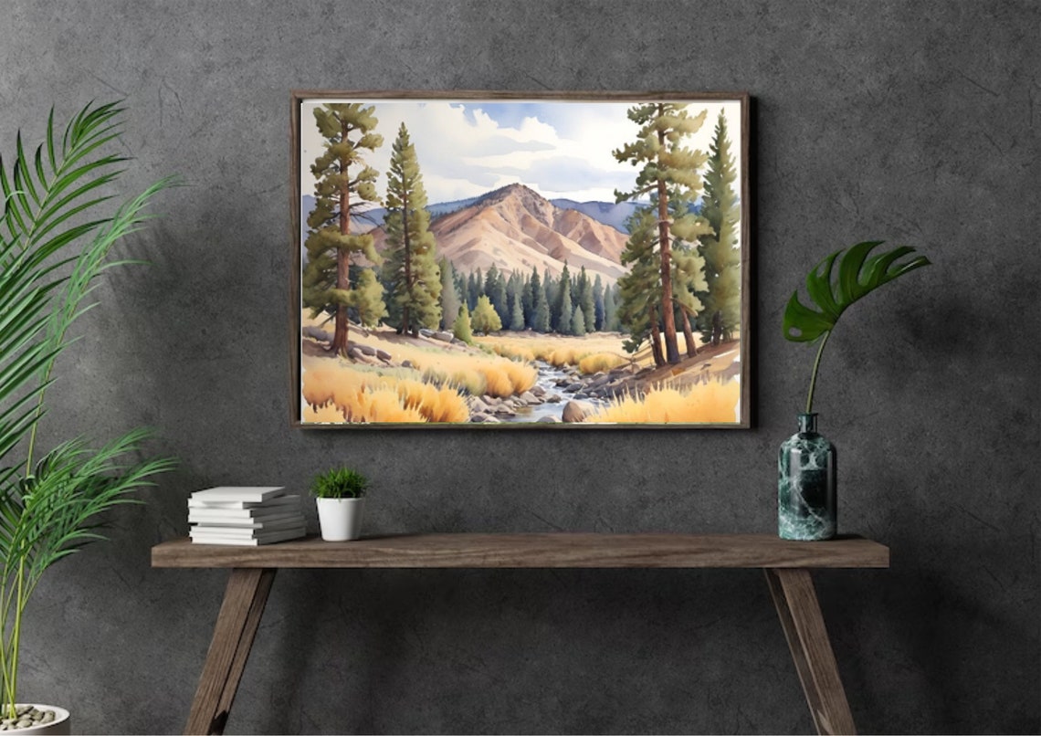 Mountain Stream Valley With Pines And Golden Grasses Watercolor Poster - Image 4