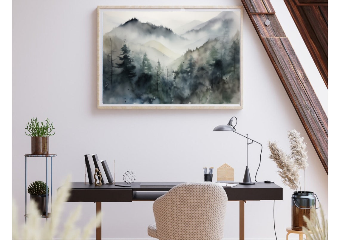 Foggy Pine Forest Watercolor in Muted Gray and Blue Tones Poster - Image 3