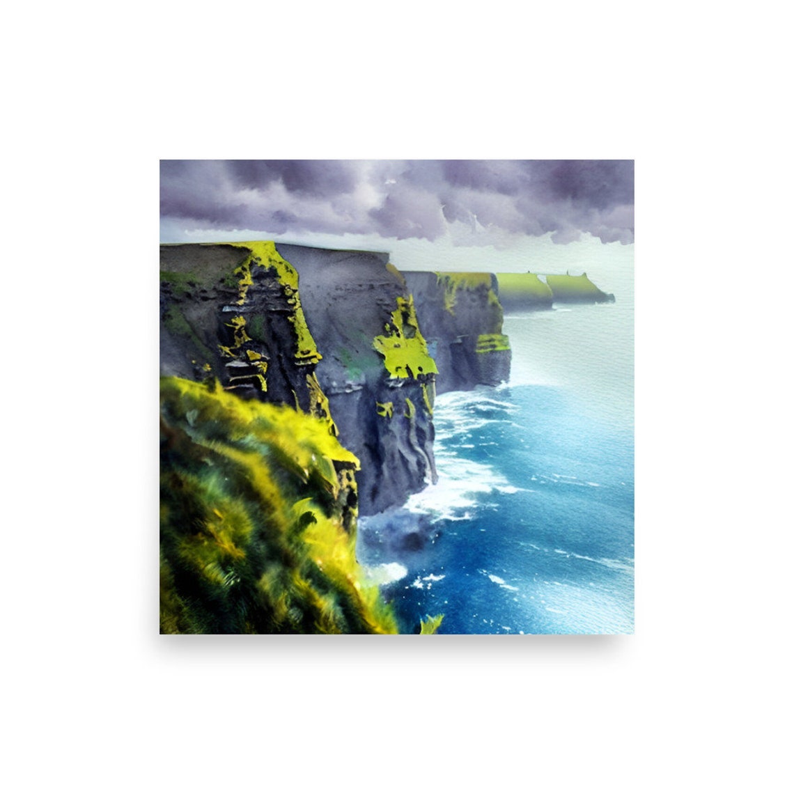 Dramatic Sea Cliffs Blue Ocean Stormy Sky Coastal Watercolor Poster - Image 3