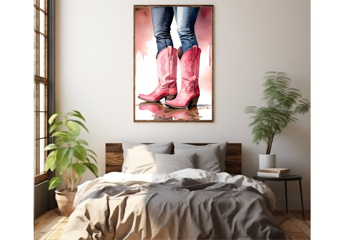 Womens Cowboy Pink Boots Painting Cowgirl Boots Watercolor Art Print Pink Boots Wall Art Western Cowboy Art Female Legs With Pink Boots Art - Image 4