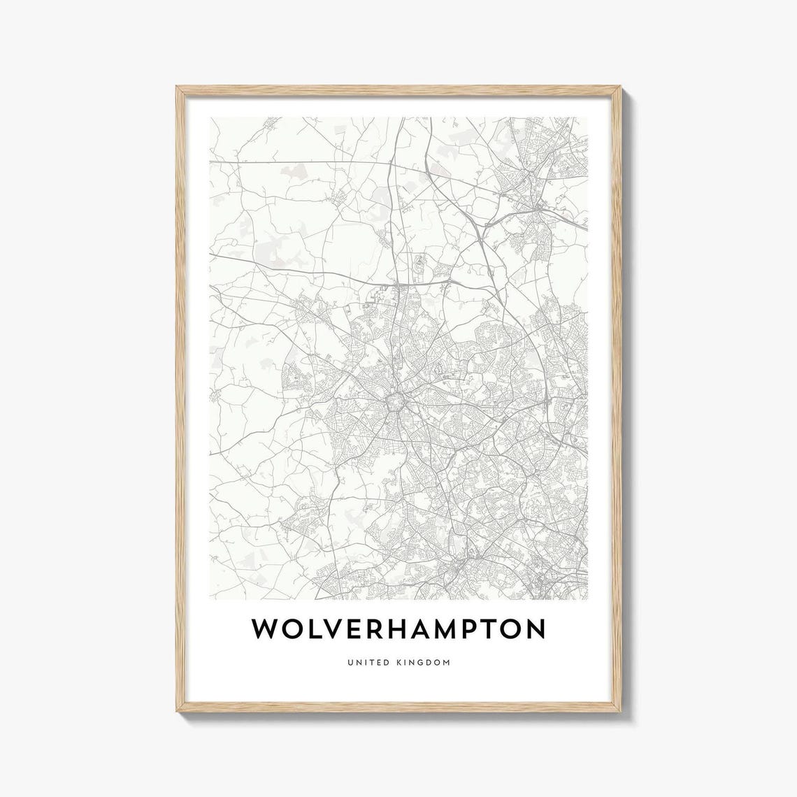 Wolverhampton UK Minimalist Street Map Monochrome City Poster