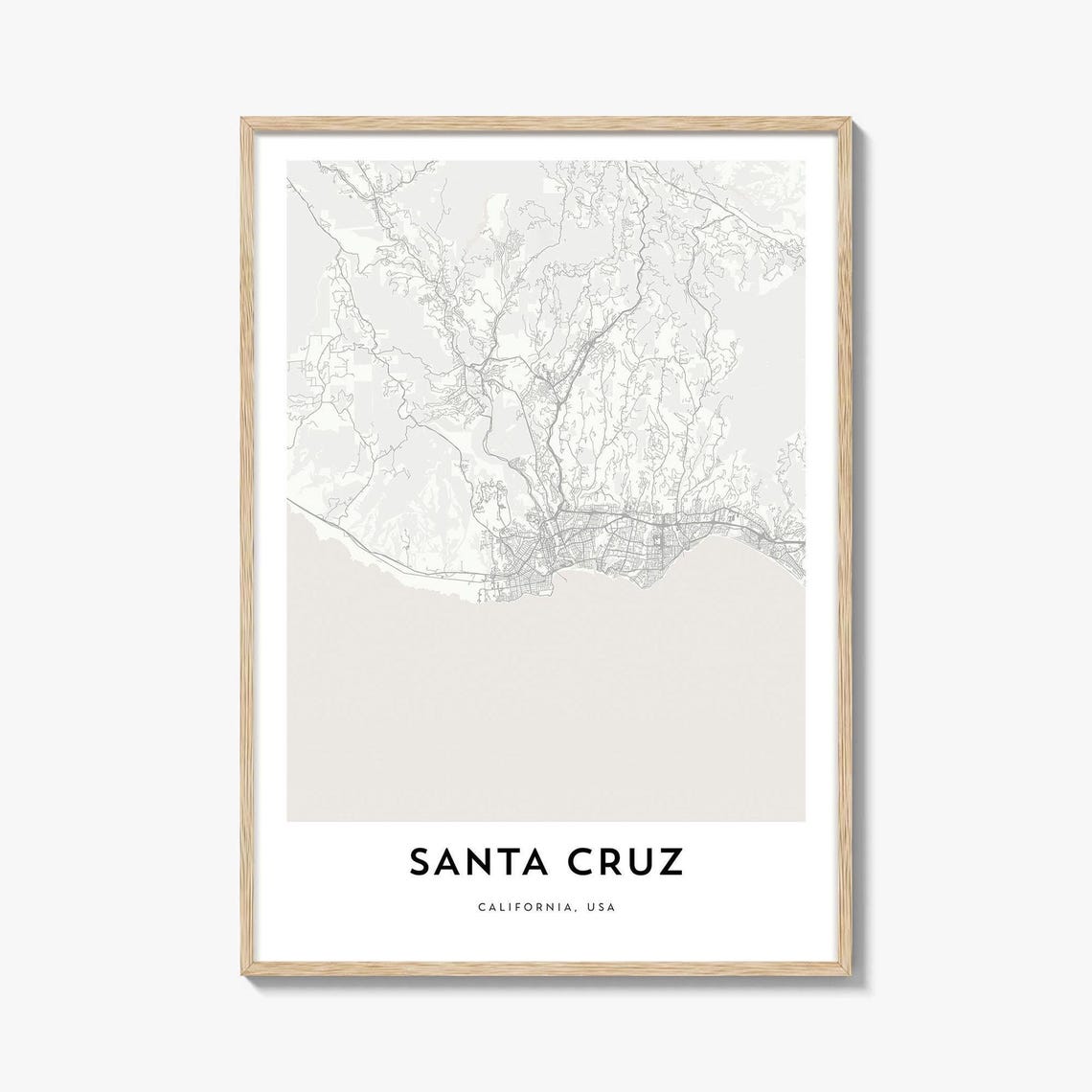 Santa Cruz California Minimalist City Street Map Poster Artwork