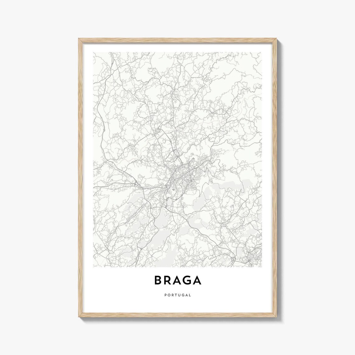Braga Portugal Minimalist City Street Fine Line Art Map Poster