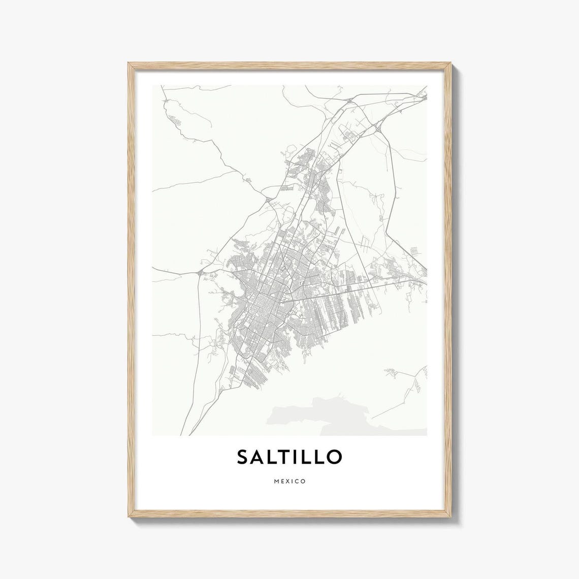 Saltillo Mexico Minimalist Street Map Poster With Light Wood Frame