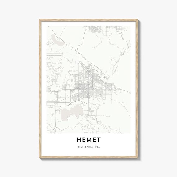 Hemet California Map Poster, Light Cream Framed Minimal City Street Map Decor