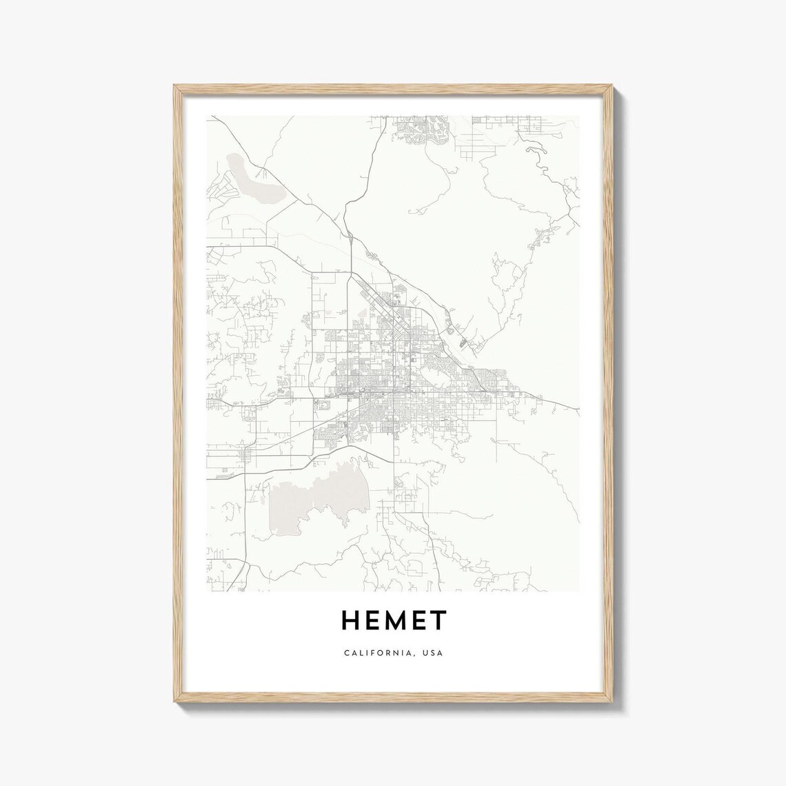 Hemet California Map Poster, Light Cream Framed Minimal City Street Map Decor