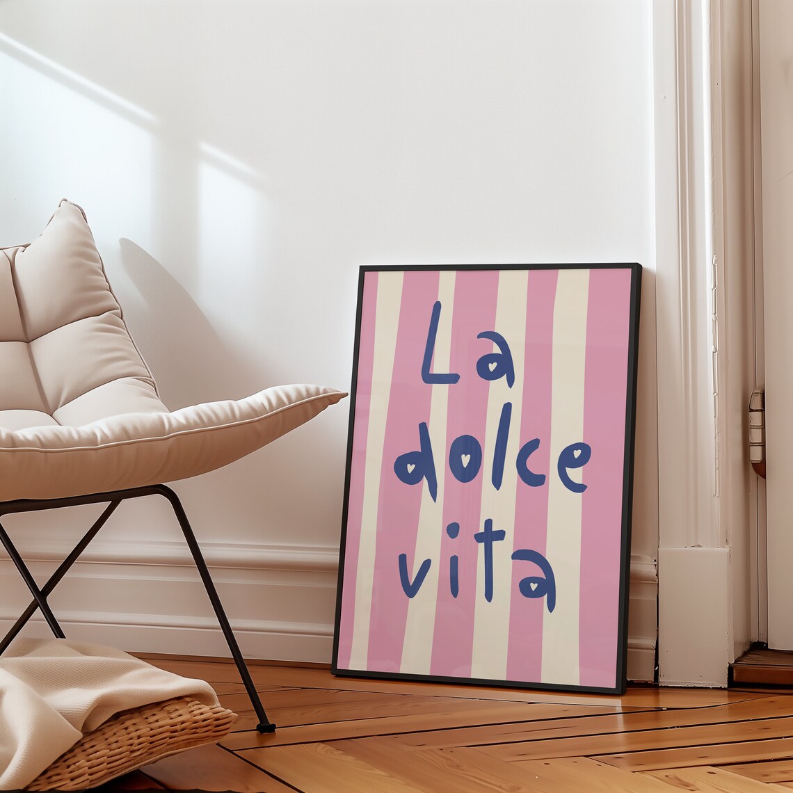 La Dolce Vita Pink Cream Striped Italian Typography Quote Poster - Image 2