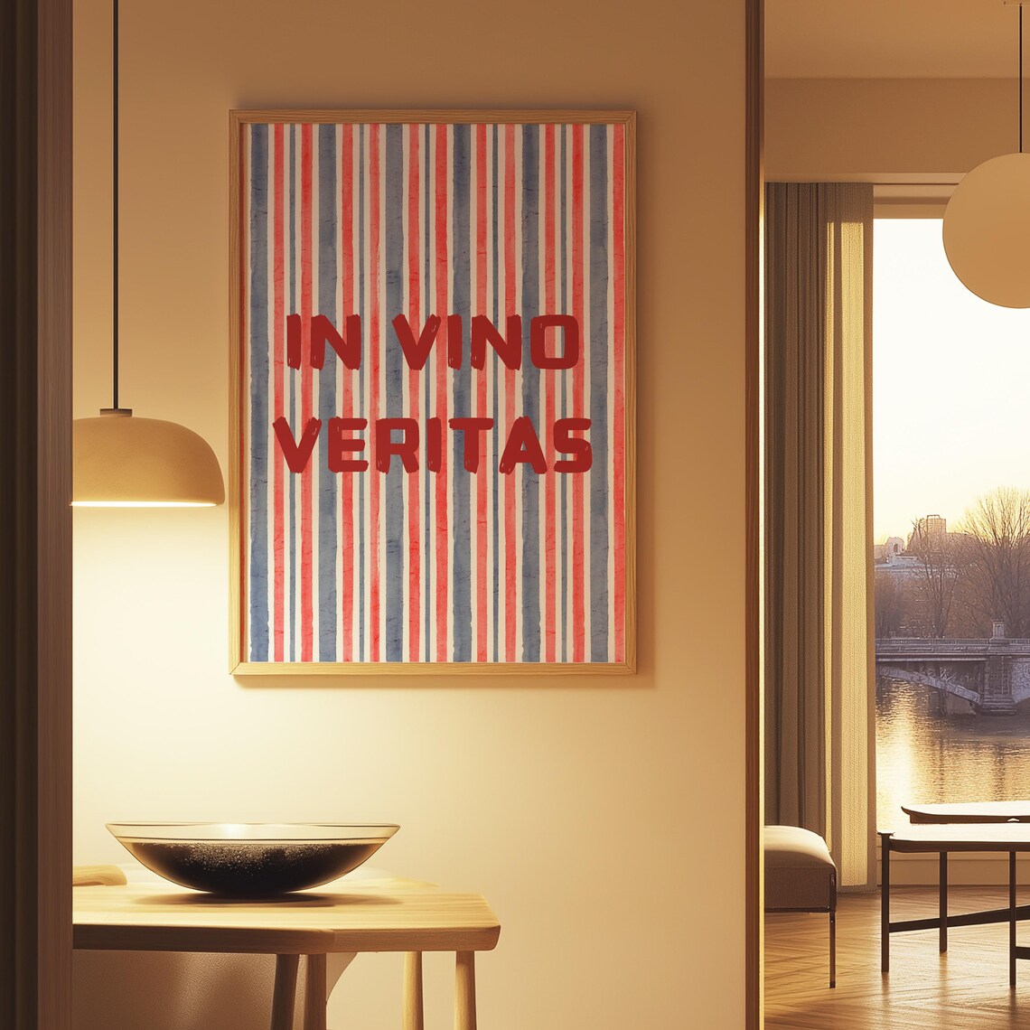 In Vino Veritas Red Blue Striped Watercolor Kitchen Wine Poster - Image 2