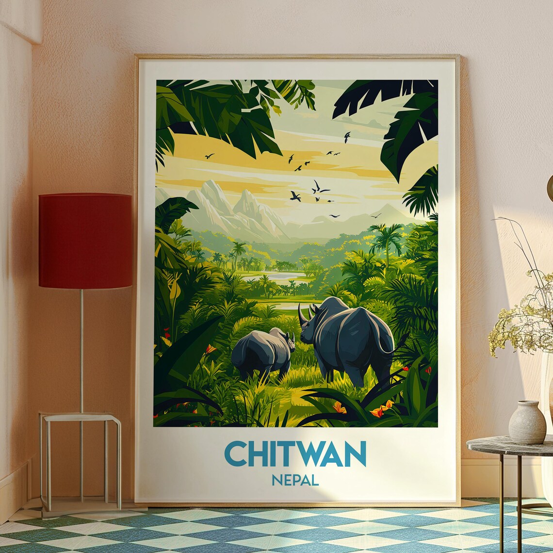 Chitwan Nepal Jungle Rhinos Grazing Mountain Backdrop Travel Poster - Image 2