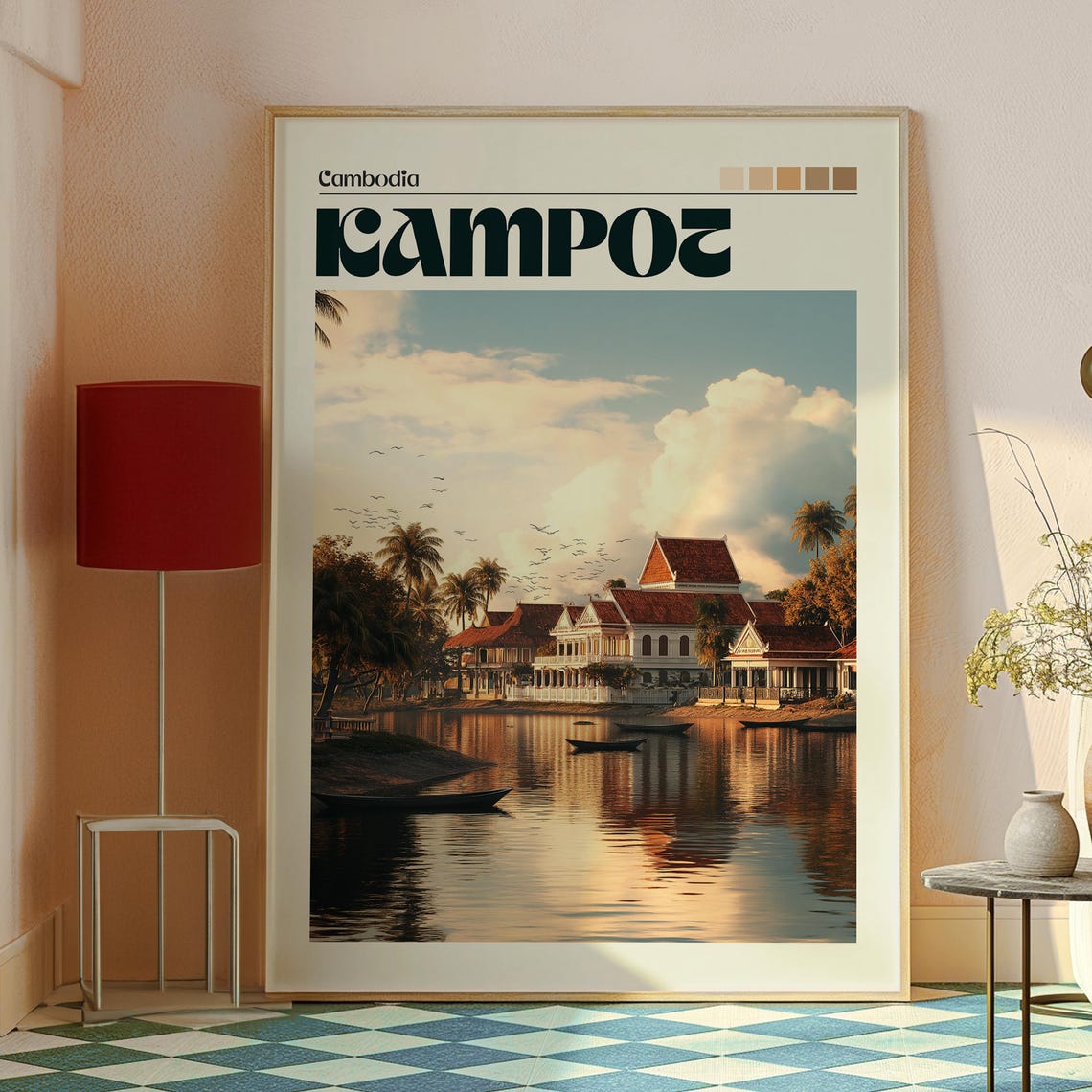 Kampot Cambodia Riverside Sunset Colonial Architecture Retro Poster - Image 2