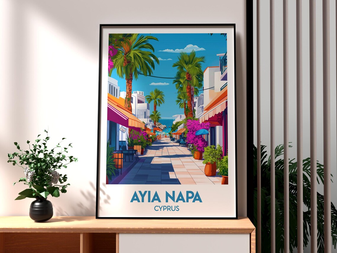 Ayia Napa Cyprus Palm Lined Shopping Street Seaside Travel Poster
