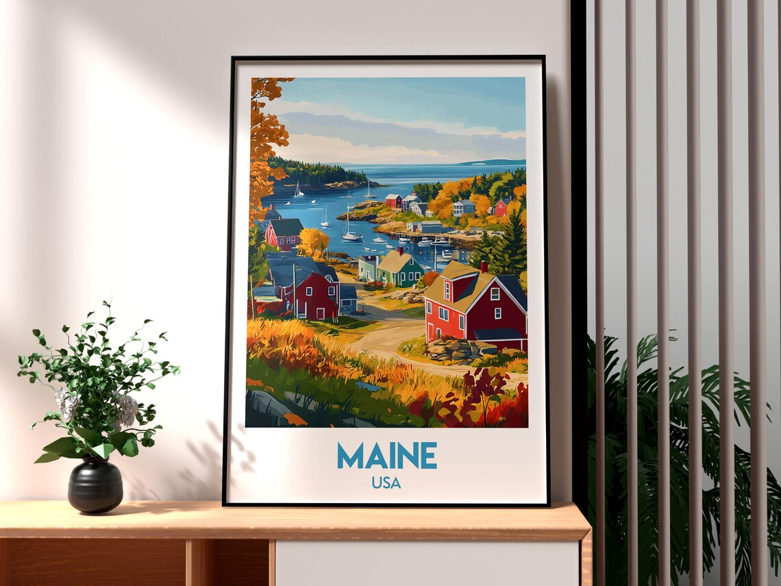 Maine USA Autumn Coastal Village Sailboats Harbor Travel Poster