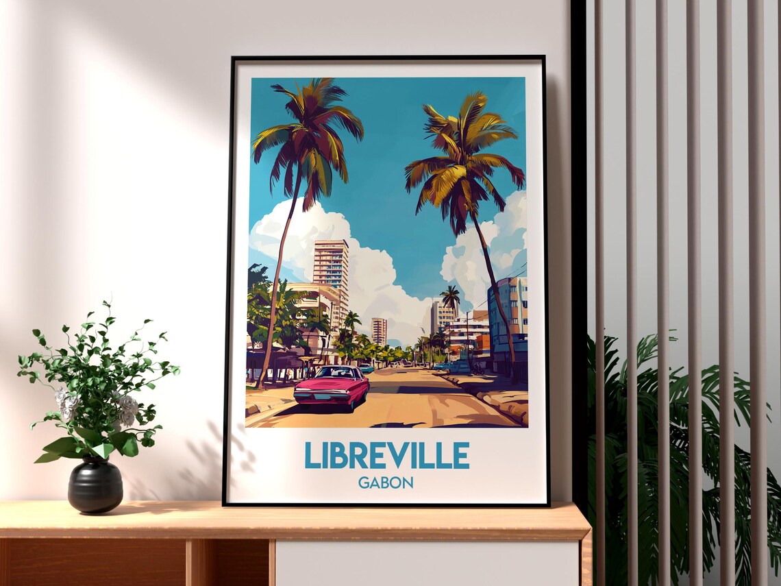 Libreville Gabon Palm Lined City Street Vintage Travel Poster