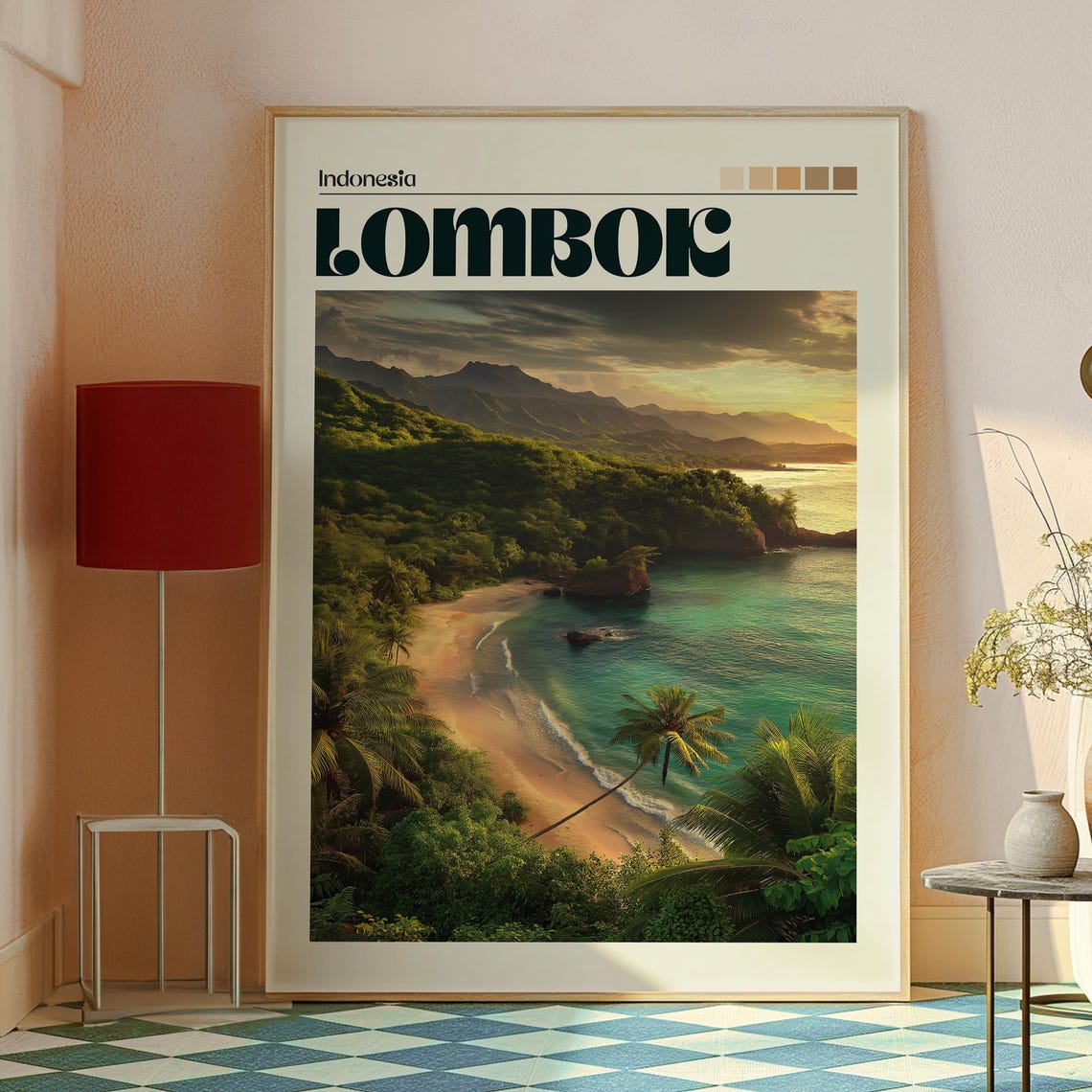 Lombok Indonesia Sunset Beach Palms Mountain Coast Vintage Poster - Image 2