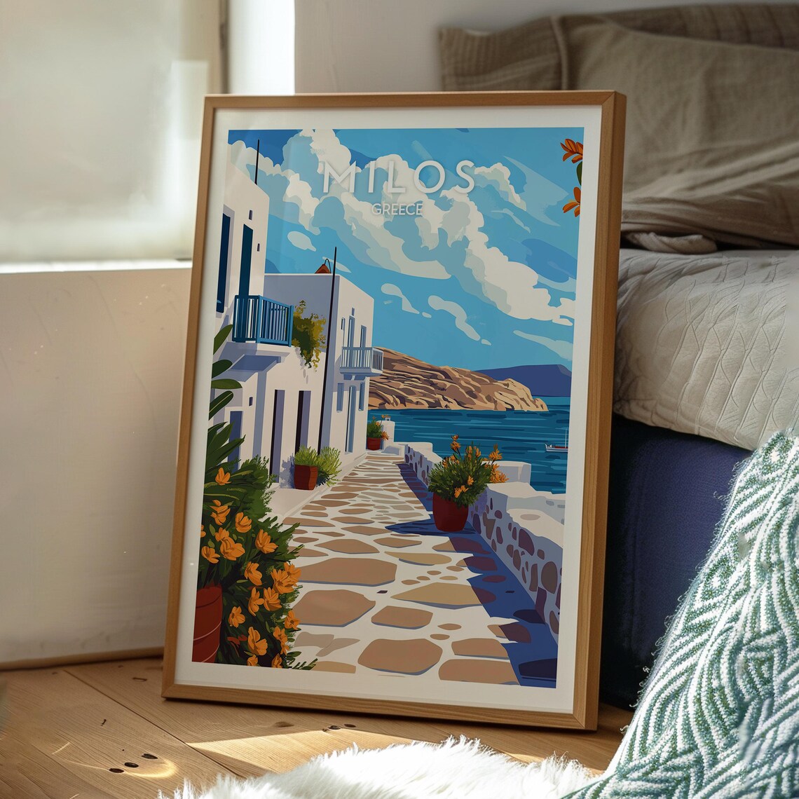Milos Greece Cycladic Whitewashed Alley Aegean Sea View Travel Poster - Image 3