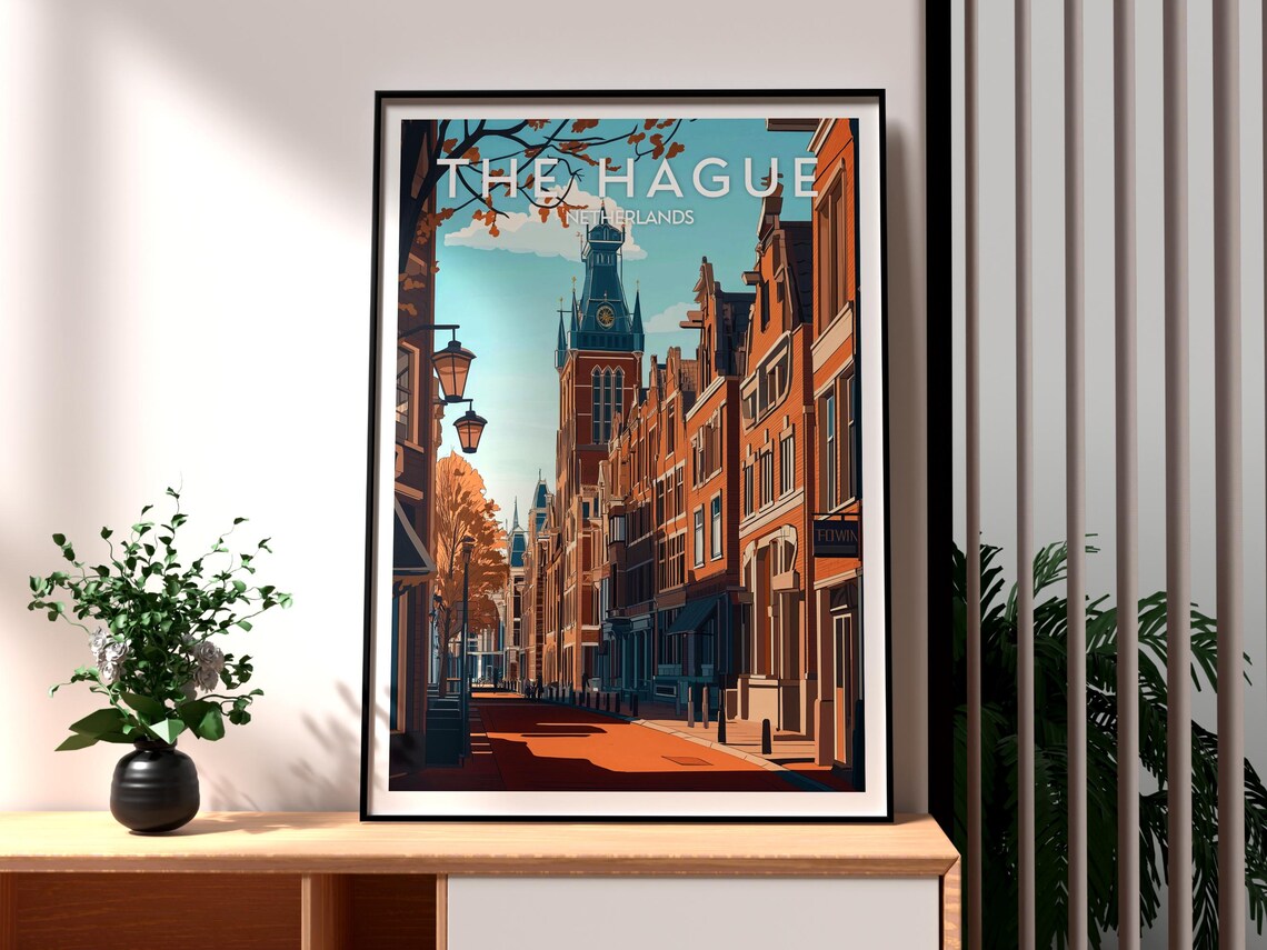 The Hague Netherlands Old Town Clock Tower Street Travel Poster