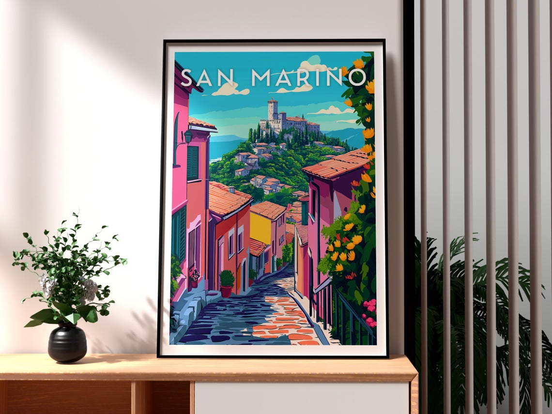 San Marino Hilltop Castle Cobbled Old Town Street Scene Poster