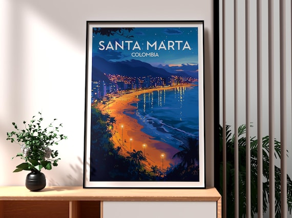 Santa Marta Colombia Night Bay City Lights Beach Illustration Poster