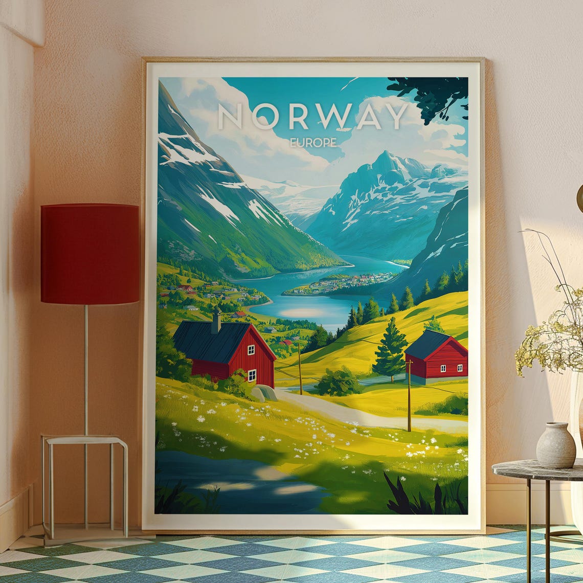 Norway Europe Fjord Valley Red Cabins and Snowy Peaks Poster - Image 2