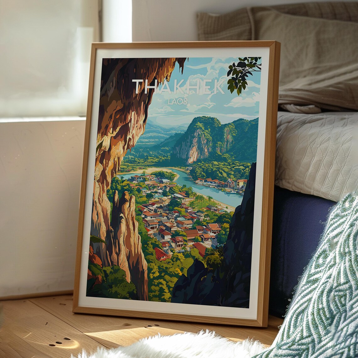 Thakhek Laos Cliff Viewpoint Mekong River Town Vintage Travel Poster - Image 3
