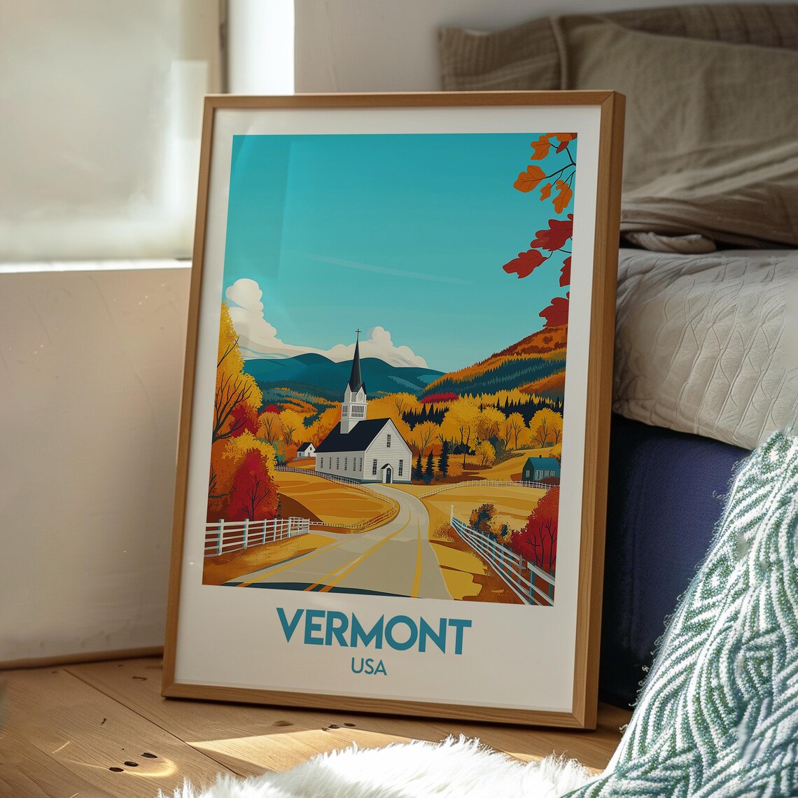 Vermont USA Autumn Foliage White Church New England Road Poster - Image 3