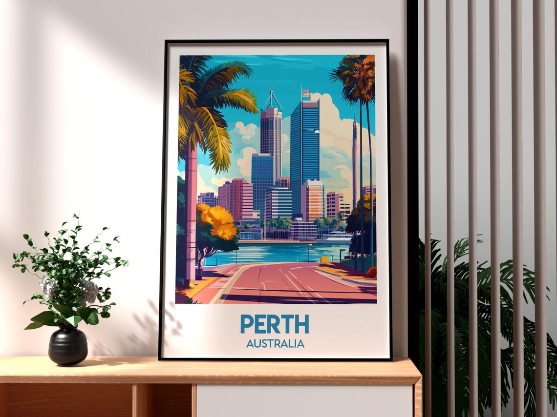 Perth Australia Waterfront Skyline Palm Trees River Road Travel Poster