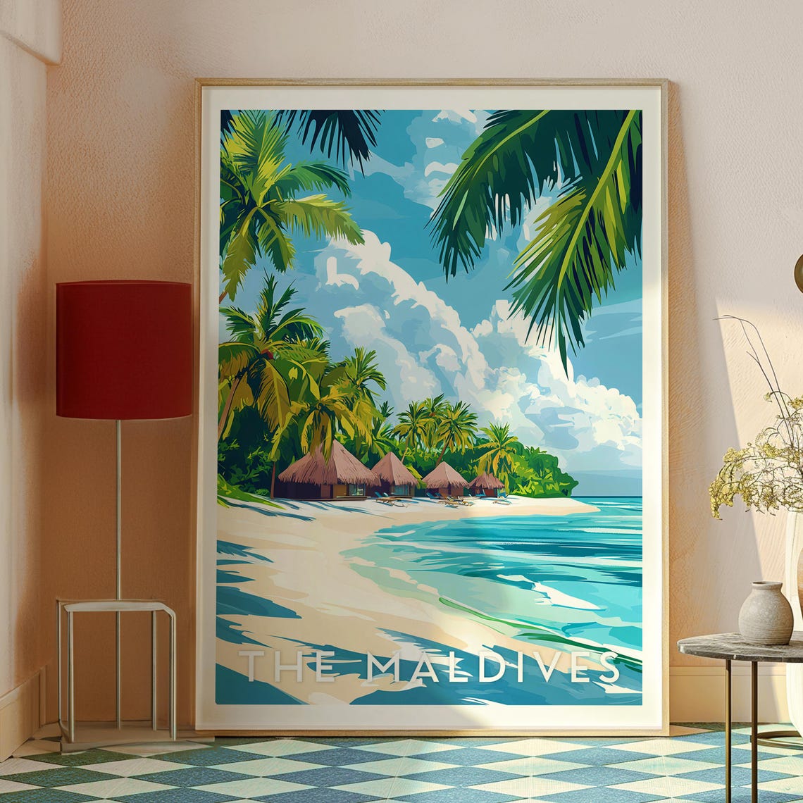 Maldives Tropical Palm Beach Huts Turquoise Sea Travel Poster - Image 2