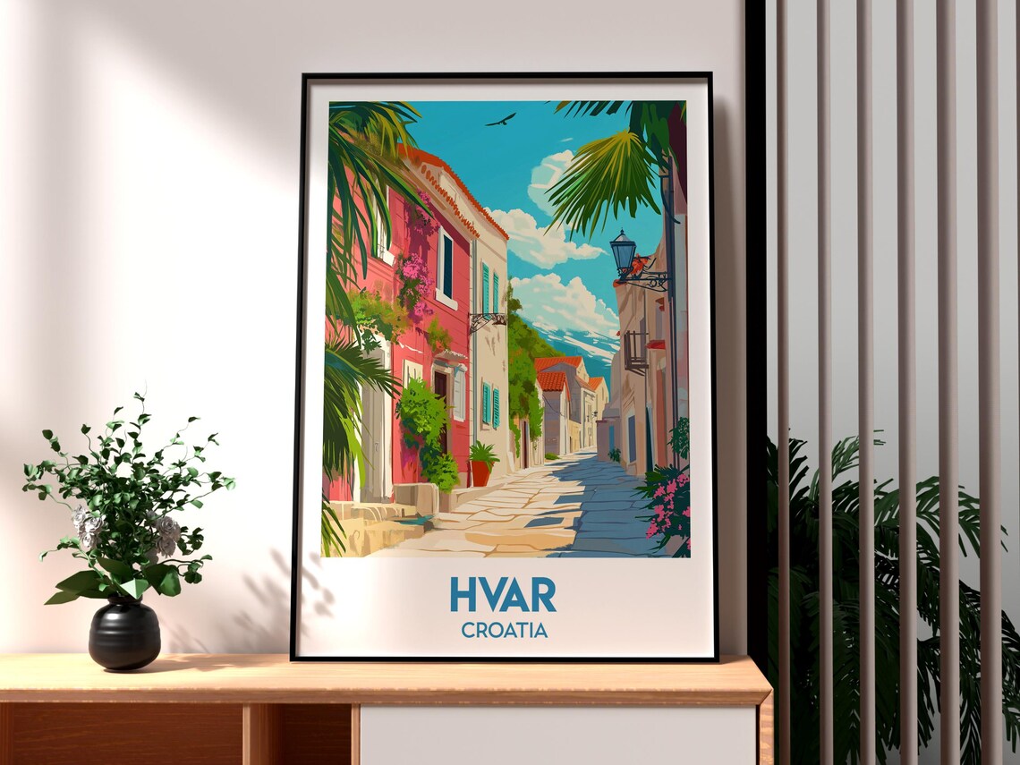 Hvar Croatia Old Town Lane Bougainvillea Palm Trees Island Poster