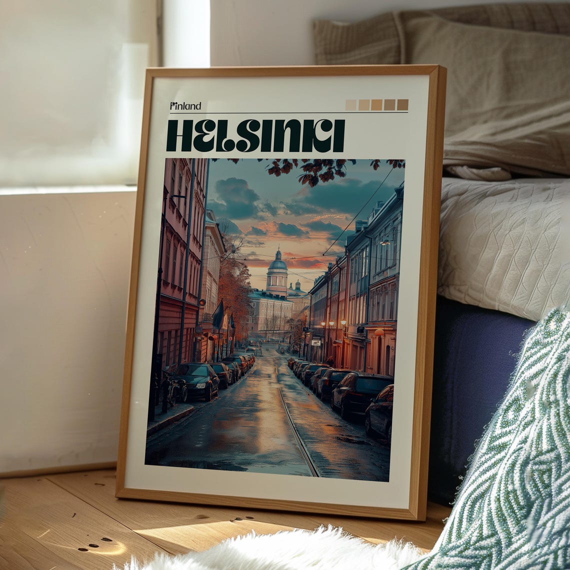 Helsinki Finland Cobblestone Old Street Cathedral Sunset Glow Poster - Image 3
