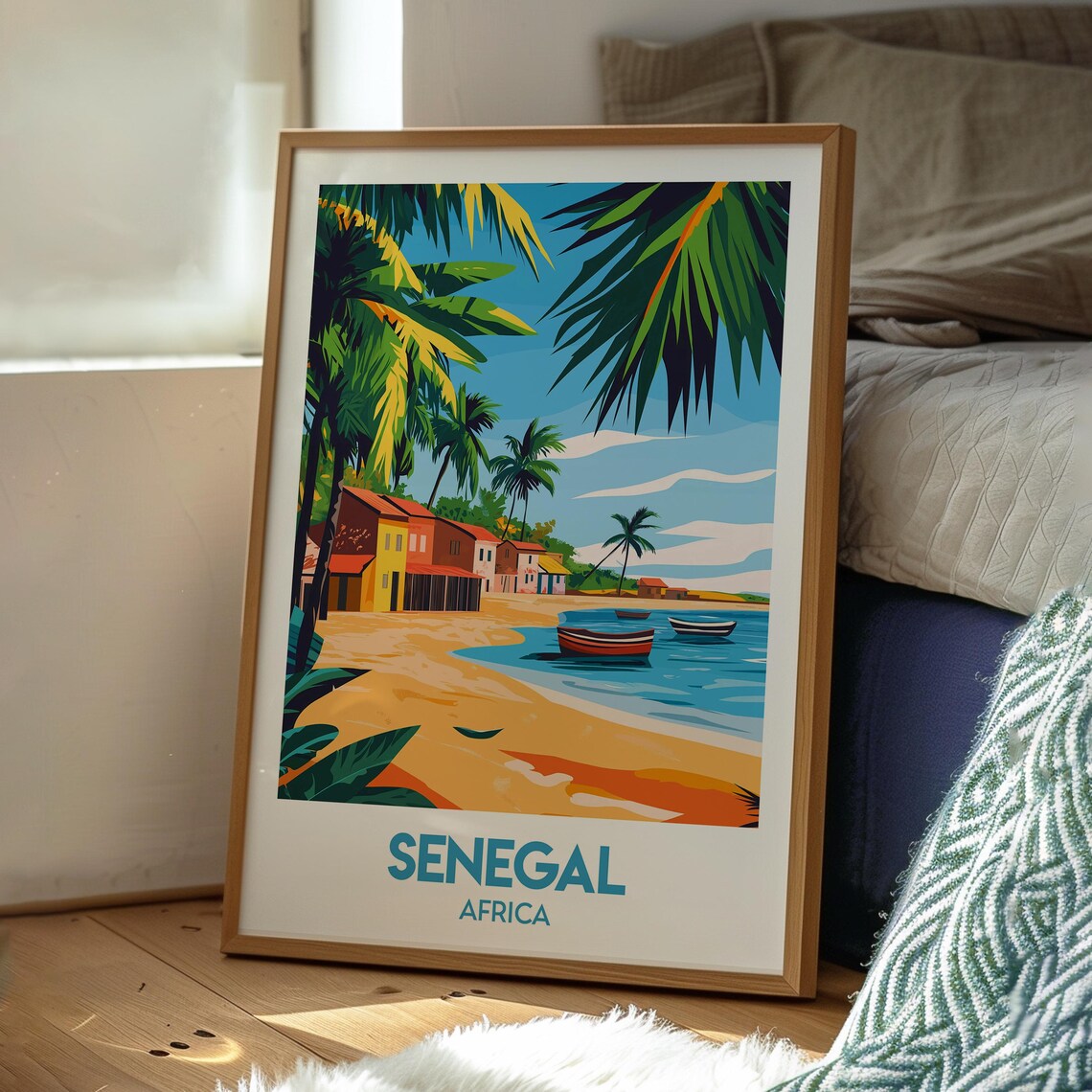 Senegal Africa Palm Beach Village Fishing Boats Retro Travel Poster - Image 3