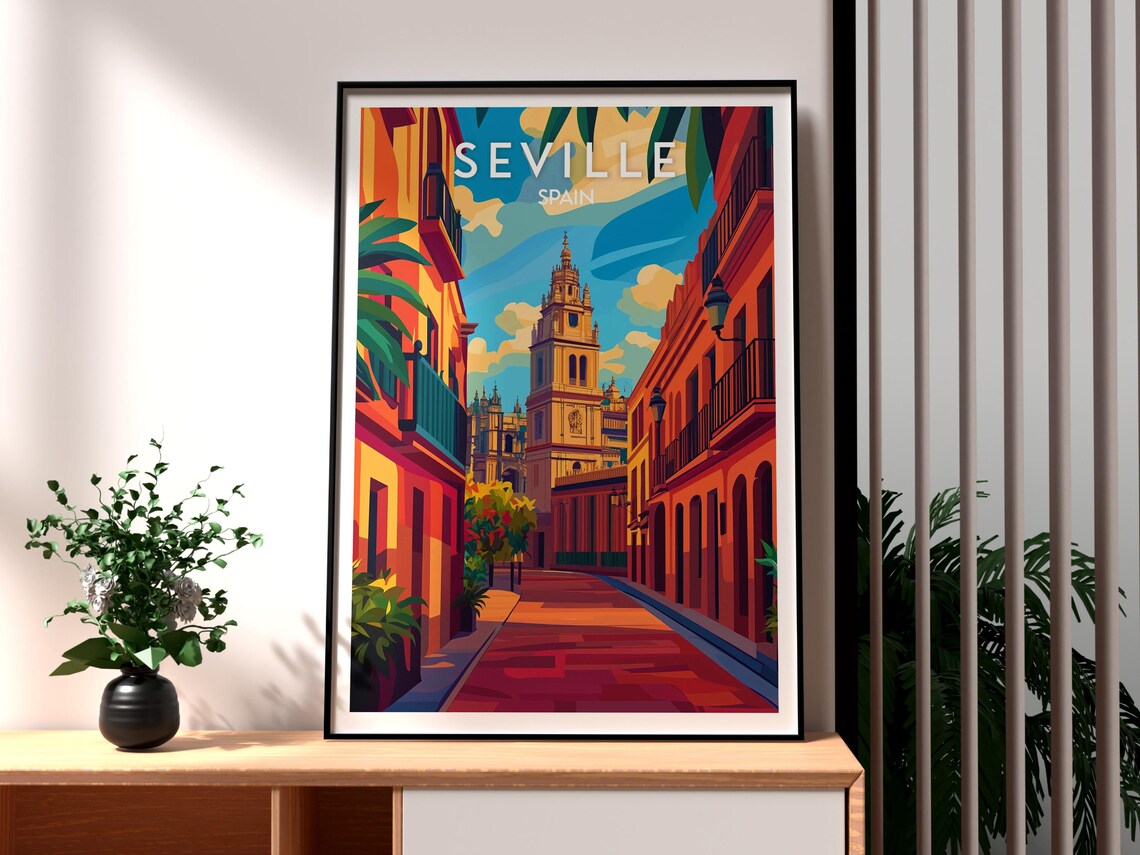 Seville Spain Bell Tower Sunlit Orange Street Vintage Poster