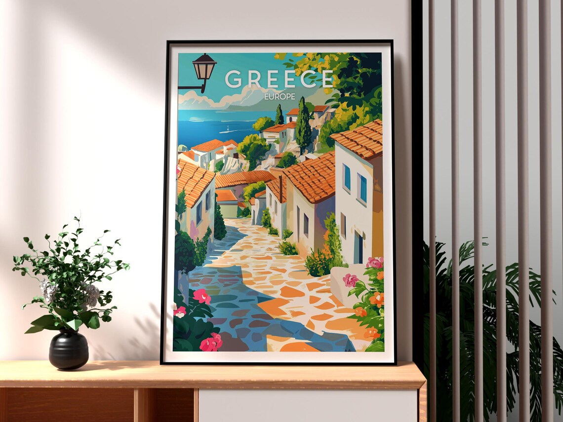 Greece Europe Hillside Village Cobbled Street Sea View Vintage Poster