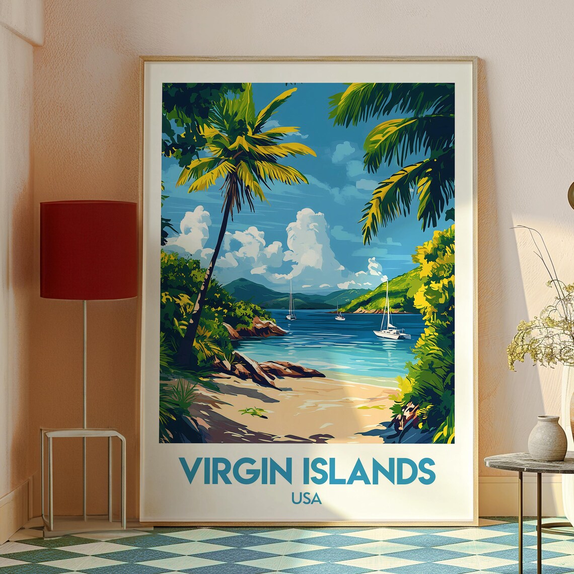 Virgin Islands Beach Palm Trees Sailboats Tropical Travel Poster - Image 2