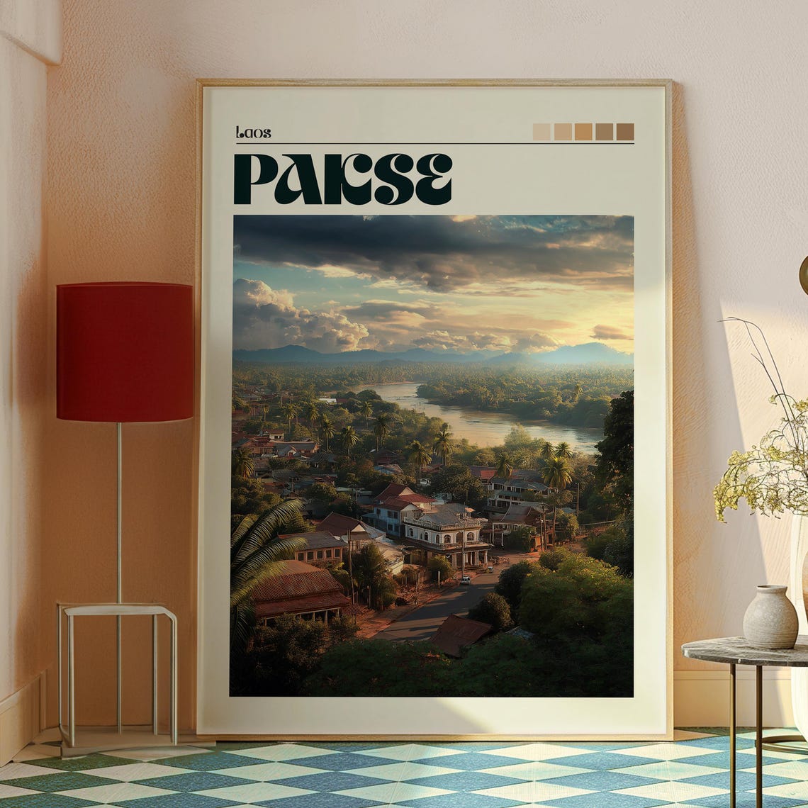 Pakse Laos Riverside Town Sunset Golden Light Scenic Travel Poster - Image 2