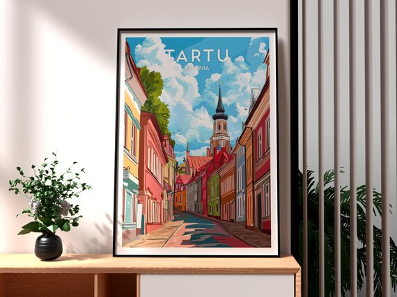 Tartu Estonia Colorful Old Town Street Church Spire Travel Poster