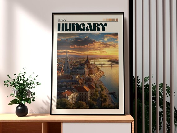 Hungary Budapest Parliament Danube Sunset Skyline Travel Poster