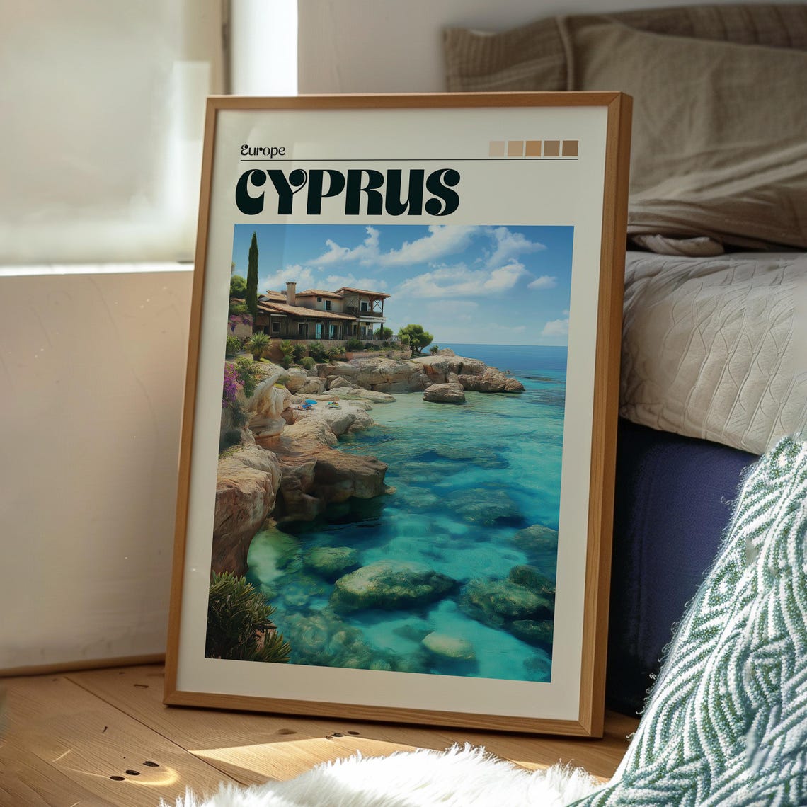 Cyprus Rocky Coast Turquoise Water Villa Seaside Travel Poster - Image 3